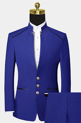 Business Blue Mandarin Collar Suits for Men | Bespoke Two Pieces Prom Suits_1