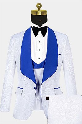 White Jacquard Tuxedo with Blue Shawl Lapel | Three Pieces Suits Sale