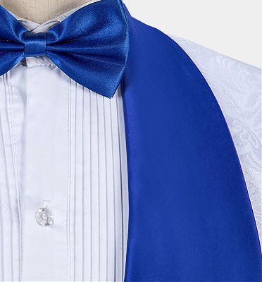 White Jacquard Tuxedo with Blue Shawl Lapel | Three Pieces Suits Sale_5