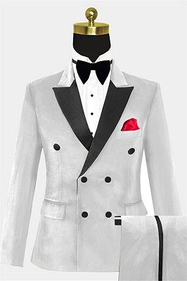 White Velvet Double Breasted Tuxedo | Classic Four Buttons Slim Fit Suits for Men