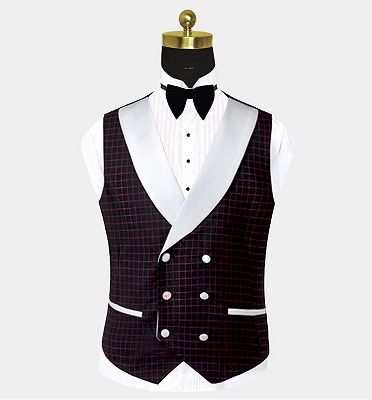 Burgundy Checkered Tuxedo | Three Pieces Prom Men Suits with White Lapel_3