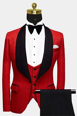 Fashion Red Floral Tuxedo | Bespoke three Pieces Men Suits with Black Lapel