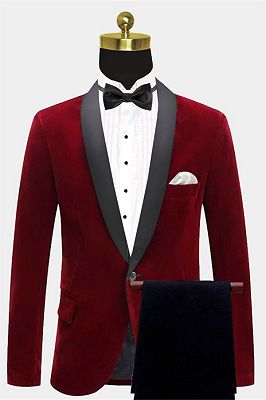 Burgundy Velvet Blazer Jacket | Two Pieces Shawl Lapel Men Suits