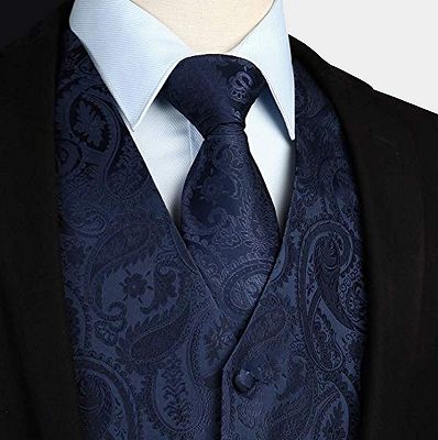Silk Navy Blue Paisley Vest with Tie Set_3