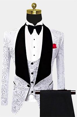 White Damask Prints Tuxedo | Classic Three Pieces Dinner Men Suits