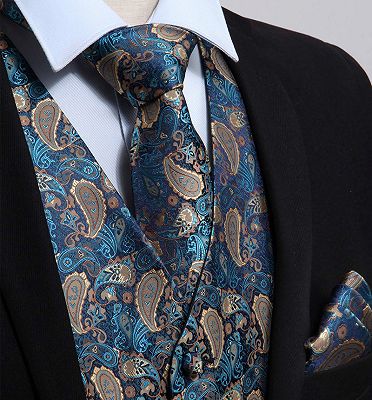 Teal Blue Paisley Mens Suit Prom Vest Set Online_3