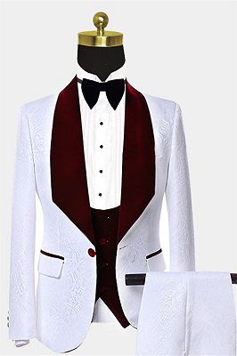 White Jacquard Men Suits with Burgundy Lapel | Floral Tuxedo_1