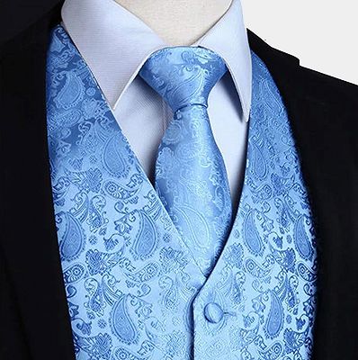 Light Blue Party Prom Paisley Mens Waistcoat with Tie Set_3