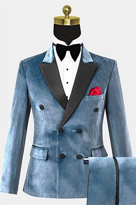 Steel Blue Velvet Tuxedo with 2 Pieces | Double Breasted Prom Suits for ...