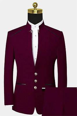 Burgundy Mandarin Collar Suit | 2 Pieces Men Prom Suits_1