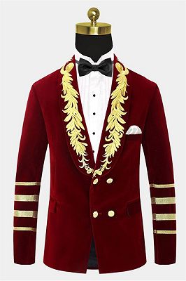 Burgundy Velvet Boyfriend Blazer | Gold Embroidered Tuxedo Jacket for Prom_1