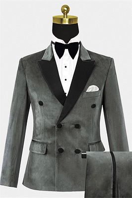Grey Velvet Prom Suits for Men | Double Breasted Men Suits for Sale_1