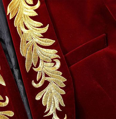 Burgundy Velvet Boyfriend Blazer | Gold Embroidered Tuxedo Jacket for Prom_4