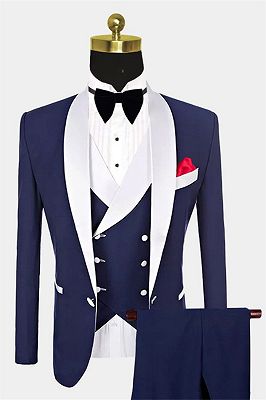 Navy Blue Groomsmen White Shawl Lapel | One Button Wedding Tuxedos 3 Pieces