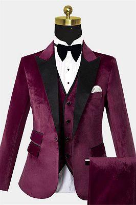 Burgundy Velvet Three Pieces Tuxedo | Peak Lapel Prom Suits For Men