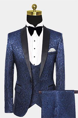 Navy Blue Damask Tuxedo | Modern Three Pieces Men Suits