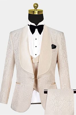 Light Champagne Three Pieces Jacquare Tuxedo | Shawl Lapel Dinner Suits Sale_1
