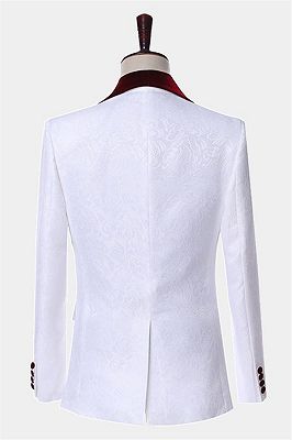 White Jacquard Men Suits with Burgundy Lapel | Floral Tuxedo_2