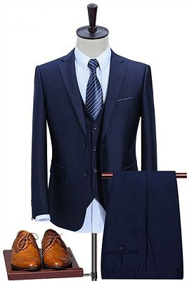 Dark Blue Three Pieces Slim Fit Tuxedo | Men's Business Casual Groom Suits Formal Suits