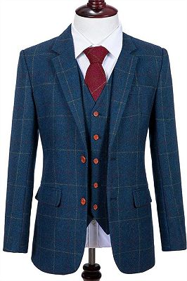 Navy Blue Plaid Tweed Tuxedo | 3 Pieces Notched Lapel Men Suits_1