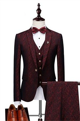 Wine Ruby Notched Laple Prom Suits for Men | Bespoke Three Pieces Jacquard Tuxedo_1