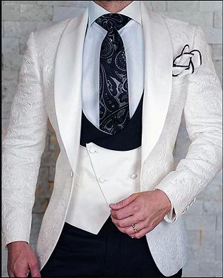 White Groom Pattern Wedding Tuxedo | Jacquard Slim Fit 3 Pieces Men Suits Online_1