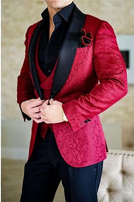 Red Shawl Lapel Jacquard Tuxedos | Mens Suits Dinner Jacket 3 Pieces for Groomsman