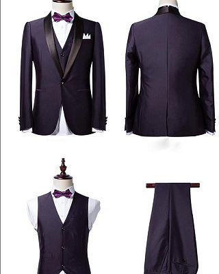 Classic Dark Purple Shawl Lapel Black Wedding Tuxedo| Bespoke Prom Dress Suit 3 Pieces