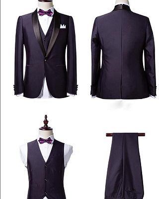 Classic Dark Purple Shawl Lapel Black Wedding Tuxedo| Bespoke Prom Dress Suit 3 Pieces_2