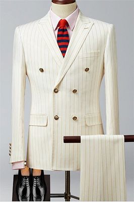 Beige Peak Lapel Double Breast Tuxedo | Formal Stripe Business Men Suits 2 Pieces