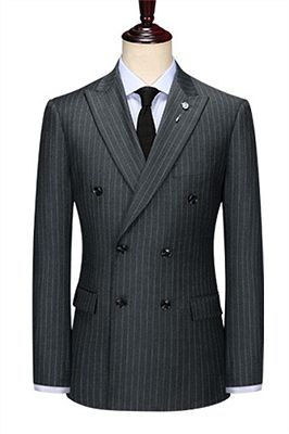 Double Breasted Black Men Jacket | Peak Lapel Grey Stripe Blazer Online_1