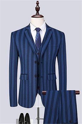 Navy Blue Strip Business Men Suits | Three Pieces Formal Notched Lapel Tuxedo_1