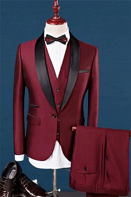 Wine Red Shawl Lapel Wedding Tuxedos | Dress Prom Men Suits 3 Pieces