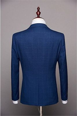 Dark Blue Plaid Business Tuxedo | Men Autumn Fashion Solid Slim Men Suits_2
