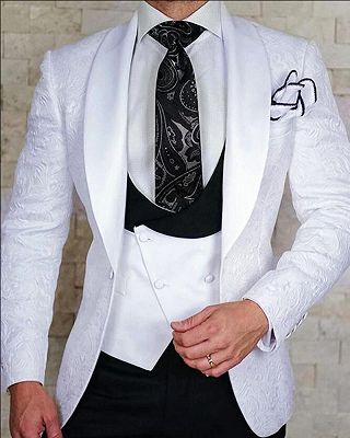 White Groom Pattern Wedding Tuxedo | Jacquard Slim Fit 3 Pieces Men Suits Online