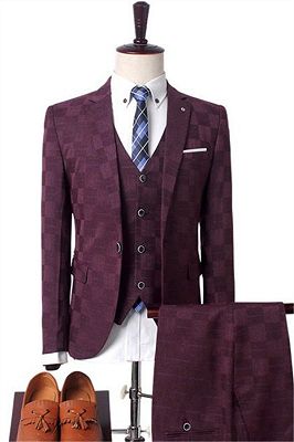 Dark Red Plaid Business Men Suits | Prom Men Suits with 3 Pieces