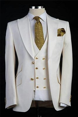 White Wedding Groom Suits | Bespoke Gold Buttons Tuxedos for Men 3 Pieces
