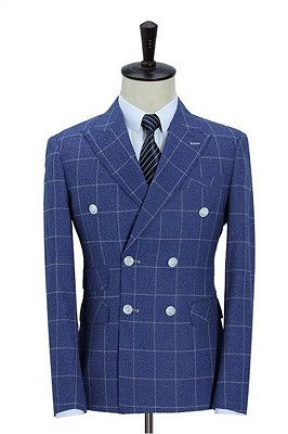 Double-Breasted Ocean Blue Business Men Blazer | Men's Wedding Plaid Slim Fit Tuxedo_1