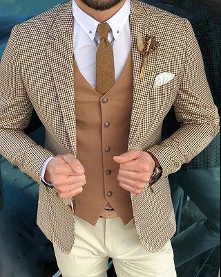 Camel Houndstooth 3 Pieces Men Blazer | Custom Slim Fit Jacket