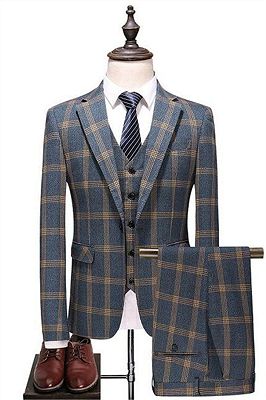 Greenishblue Plaid Formal Business Tuxedo | Fashion Notched Lapel Prom Suits online