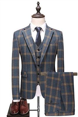 Greenishblue Plaid Formal Business Tuxedo | Fashion Notched Lapel Prom Suits online_1