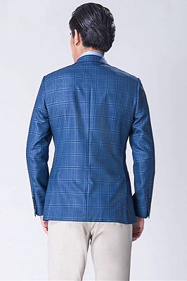 Elegant Peak Lapel Check Blazer | Blue Plaid Fit Jacket