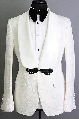White Shawl Lapel Jacquard Groom Suits | Elegant Slim Fit Tuxedos for Wedding 2 Pieces