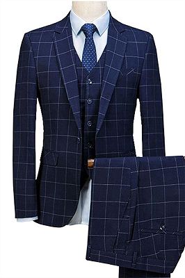 Navy Blue 3 Pieces Plaid Mens Suits | Slim Fit Notched Lapel Tuxedos_1