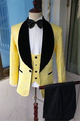 Yellow Slim Fit Lapel Shawl Prom Dress Suit | Bespoke Jacquard Men Formal Party Blazer