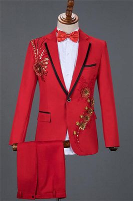 Red Sequin Embroidery Lace Floral Men Tuxedo | Fashion One Button Prom Men Suits Online_1