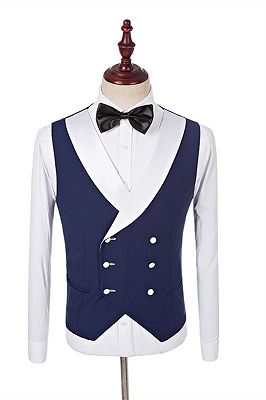 Navy Blue Groomsmen White Shawl Lapel | One Button Wedding Tuxedos 3 Pieces_2