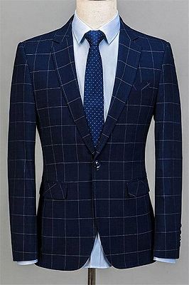 Navy Blue 3 Pieces Plaid Mens Suits | Slim Fit Notched Lapel Tuxedos