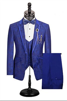 Royal Blue Paisley Pattern Dinner Prom Suits | 3 Pieces Single Button For Men Stylish Jacket Outfit