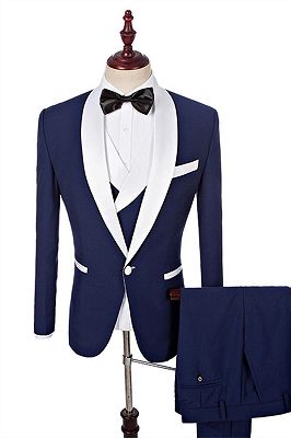 Navy Blue Groomsmen White Shawl Lapel | One Button Wedding Tuxedos 3 Pieces_3